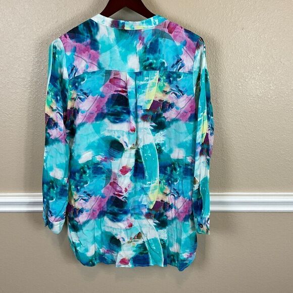 Soft Surroundings Women Top Sz L Blouse Button Up Watercolor Modern Blue Pink R3 - Picture 8 of 12